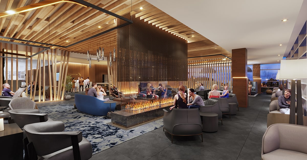 Rendering inside of alounge with a fireplace and seating.