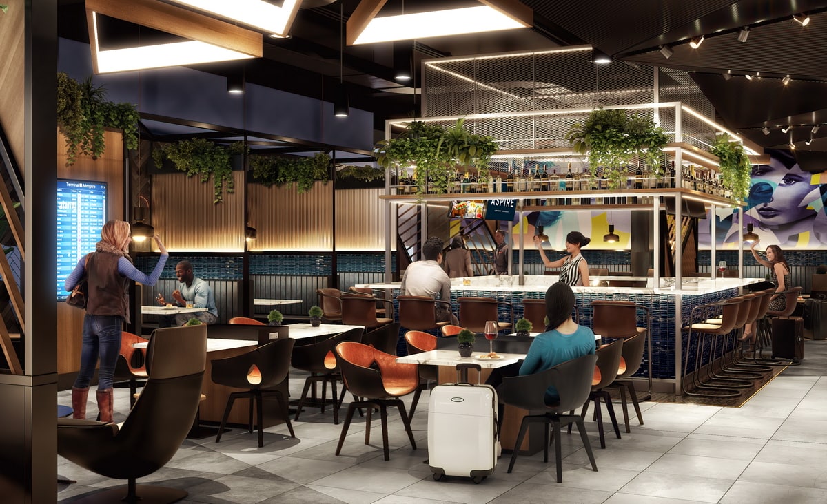 Redering of the bar area and the lounge for with people sitting.