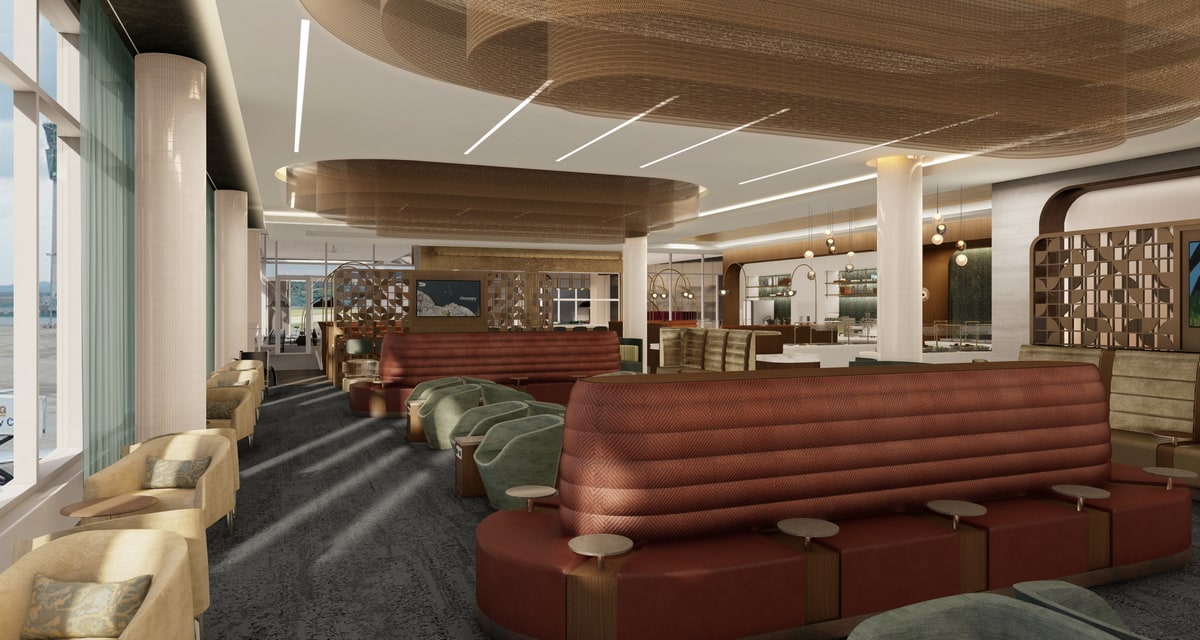 Rendering of the main seating area tables and windows with a view of the outside.