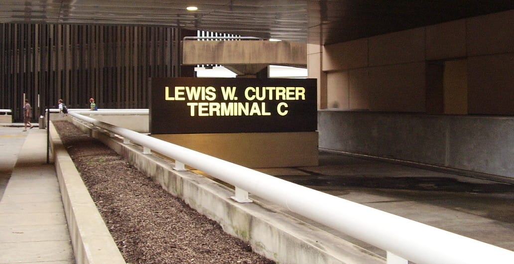 Terminal sign, outside of the airport with the words Lewis W. Cutrer Terminal C.