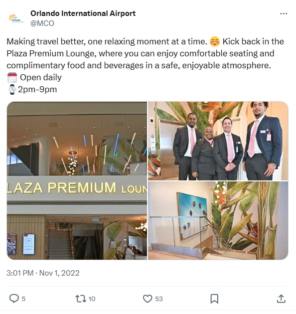 Twitter post of the opening of the lounge, with an image of the front of the lounge.