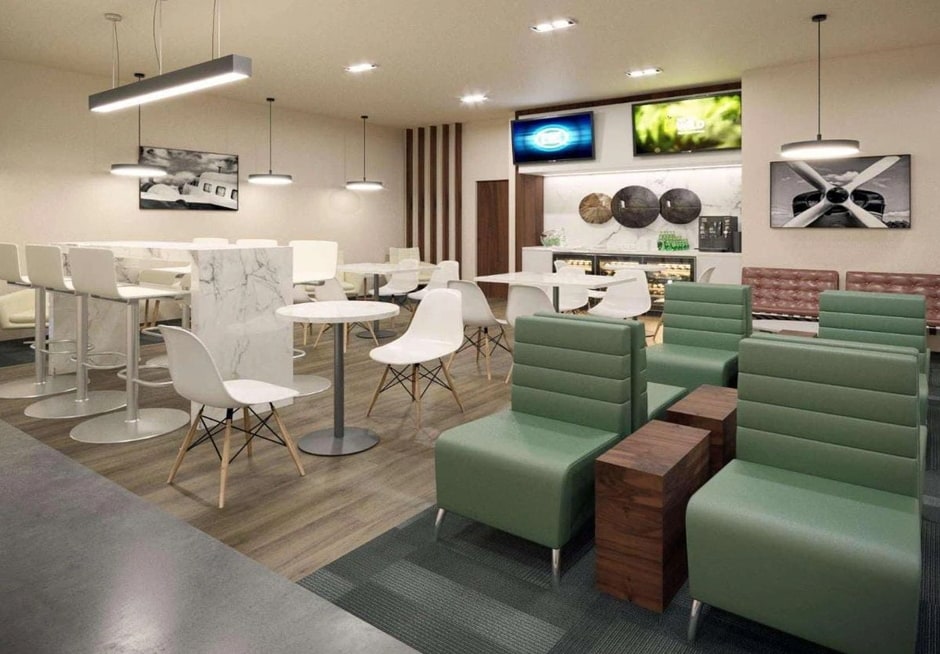 Inside the lounge showing tables and chairs.