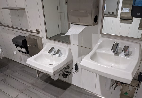 restroom sinks and windows.