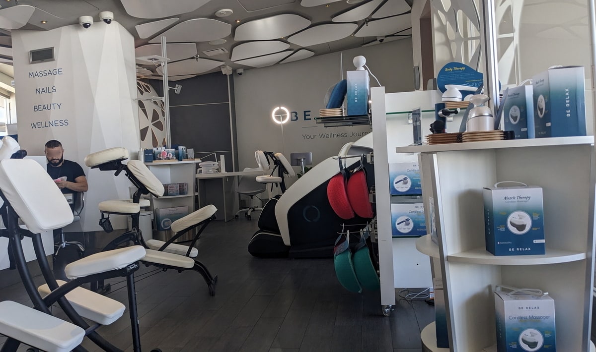 spa services table, and massage chairs.