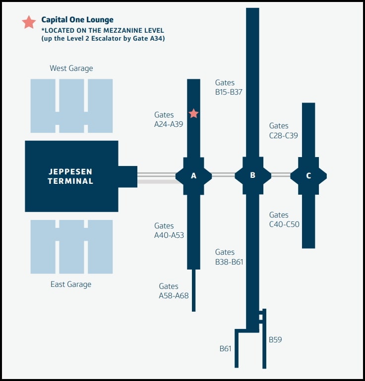 terminal map for Denver airport showing location of Capital One lounge.