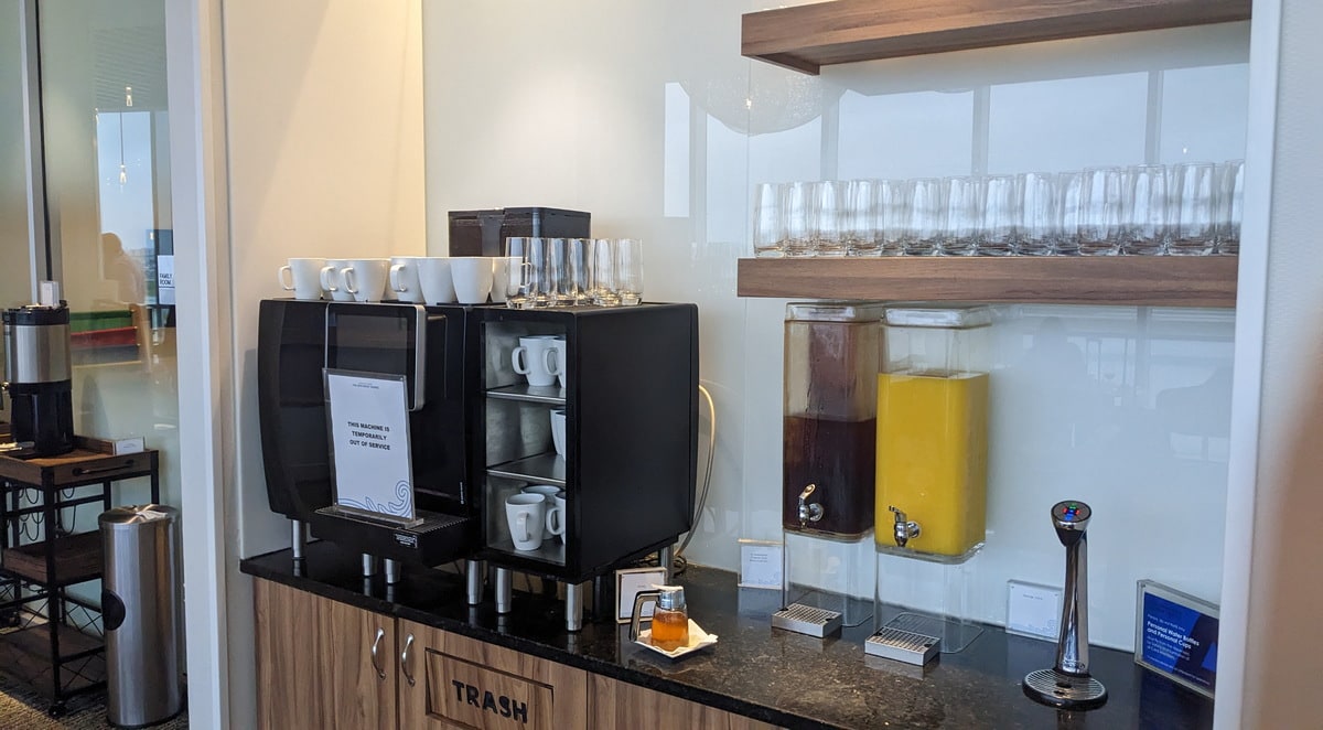 beverage station, with espresso machine and other non-alcoholic drinks.