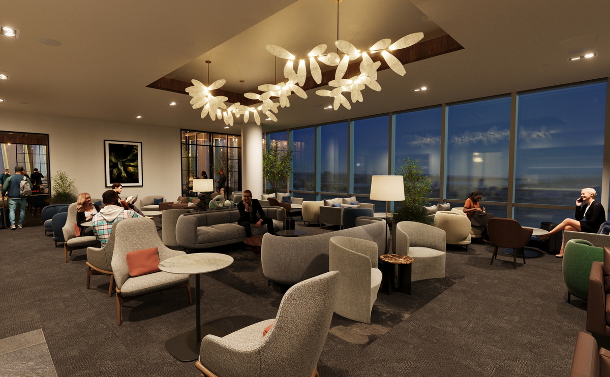 Rendering inside the lounge showing seating and tables, with large windows in the background.