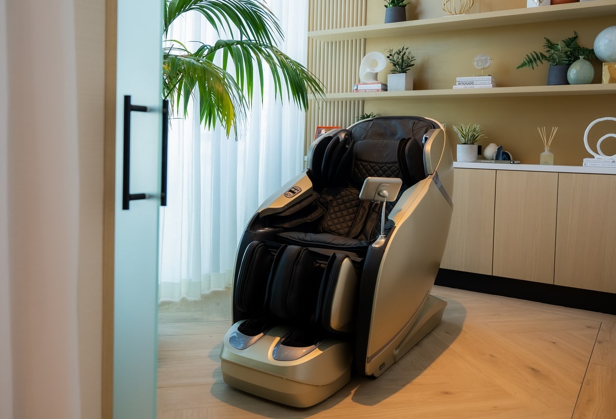 a massage chair in a private room inside the lounge.