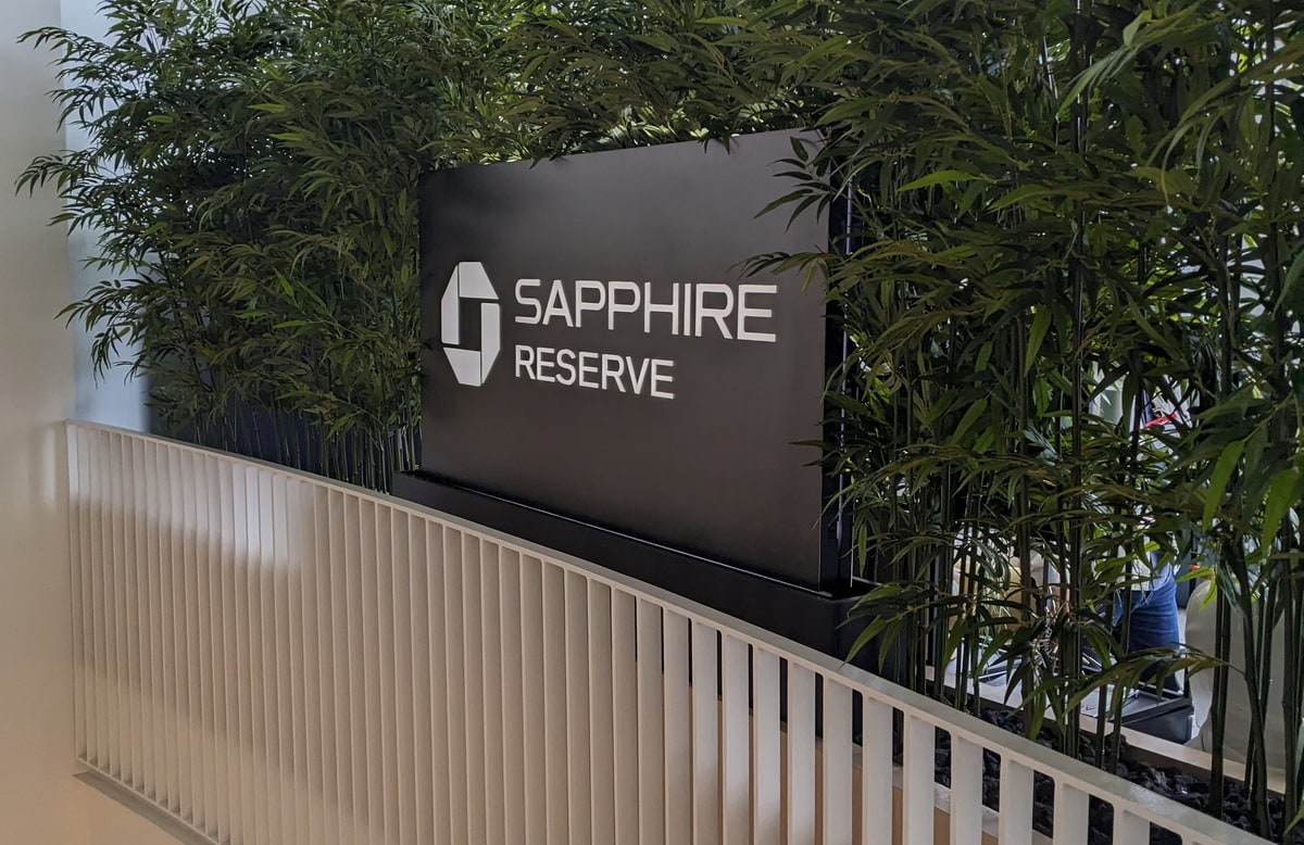 Sapphire Reserve sign hanging outside of Chase Sapphire Terrace in Austin.