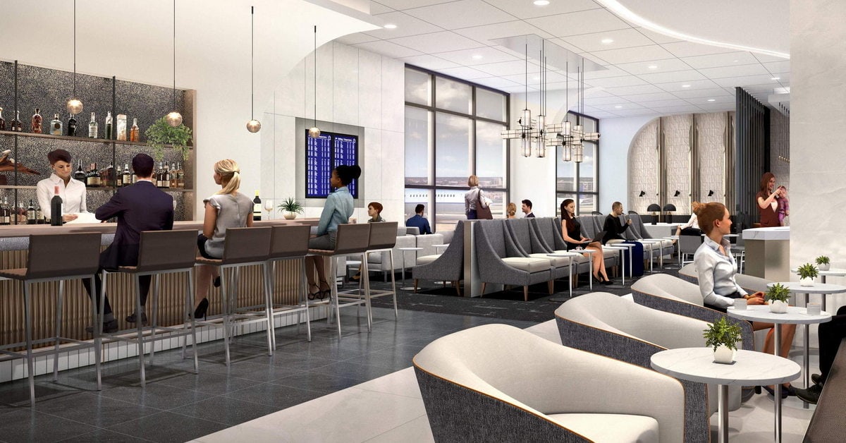 Rendering of The Club lounge with people sitting, a bar, and large windows.