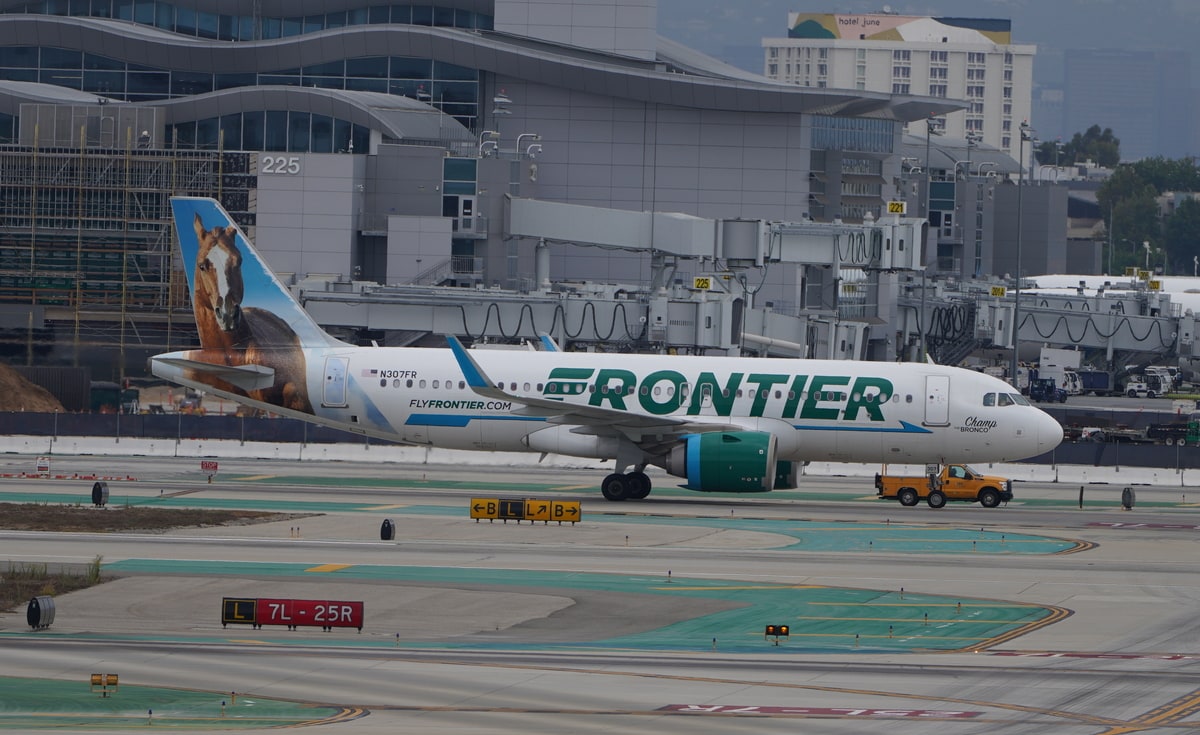 frontier airlines Airbus A320Neo at LAX on taxiway.