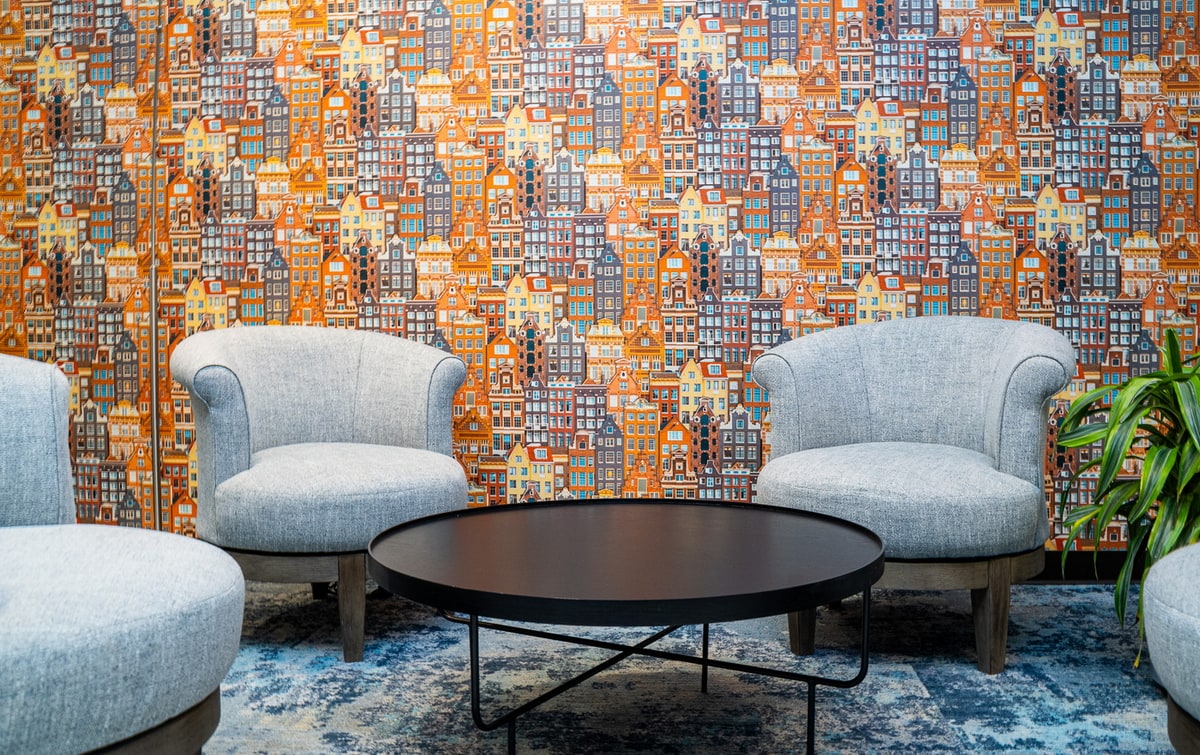 Seating with wallpaper in background of Amsterdam.