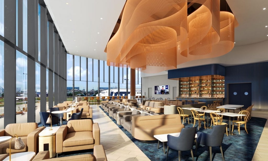 Rendering of the Chicago LOT Lounge showing chairs and tables.
