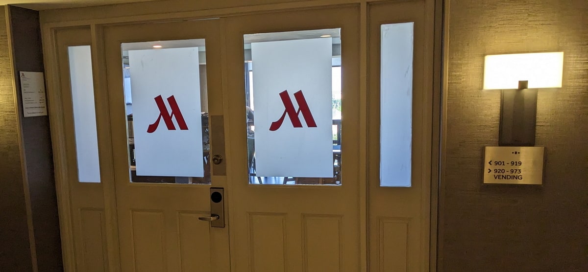 Entrance to Hotel lounge, with a big M on the door.