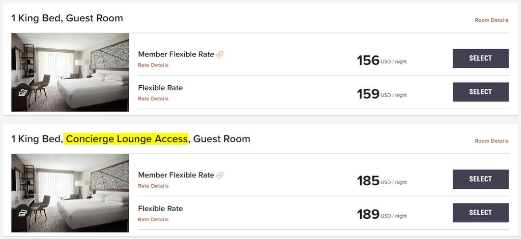pricing for the hotel showing each nichg for both guest room vs concierge access