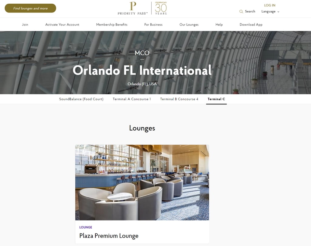 lounge page showing on the Priority Pass website showing Plaza Premium Lounge MCO.