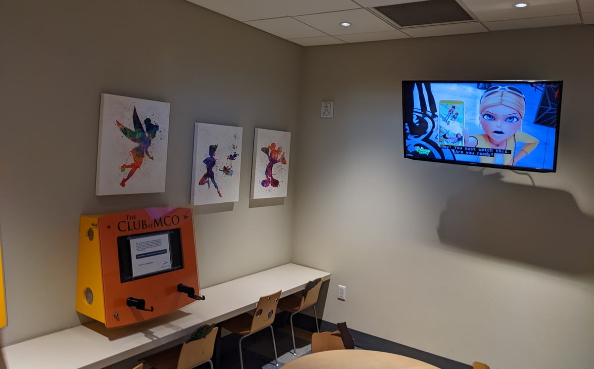 kids room with games and TV playing for kids.