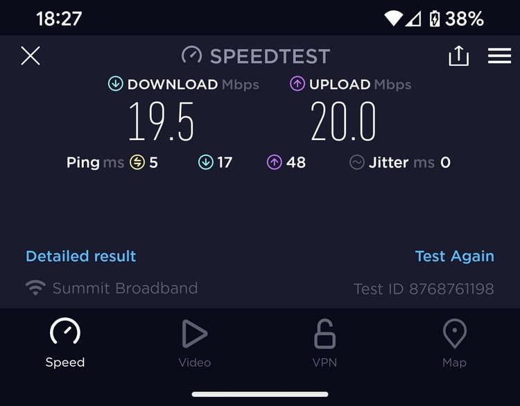 internet speed test showing upload and download speed.