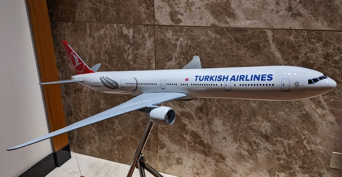 Large Turkish Airlines model plane in the lobby of the Turkish Airlines lounge in Miami.