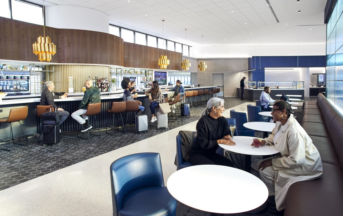 bar area with seating and people talking.