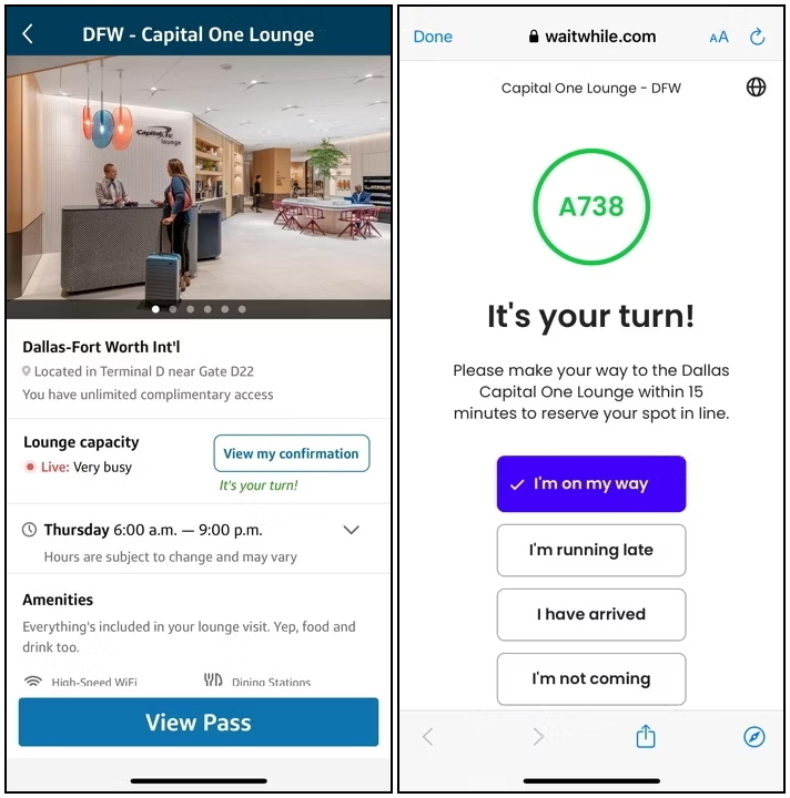 Capital One Lounge mobile waitlist feature, confirmation screens.