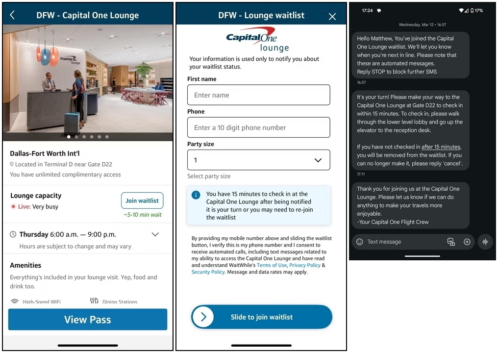 Capital One Lounge mobile waitlist feature, signup screens.