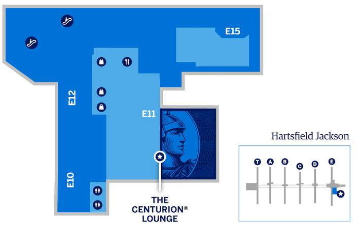 map showing location of the Centurion Lounge in Concourse E, near gate E11.