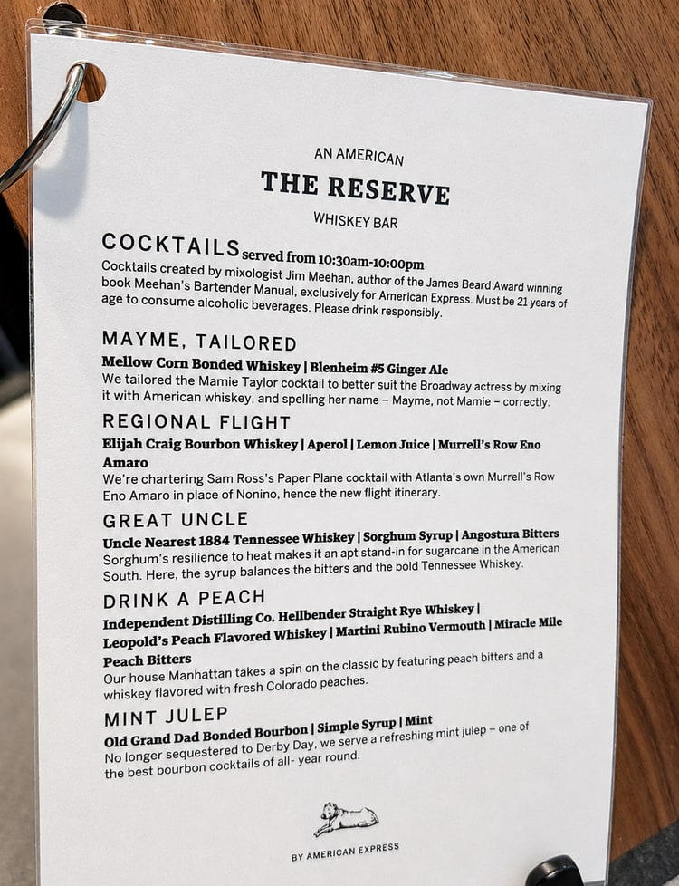 menu with cocktails from The Reserve bar.
