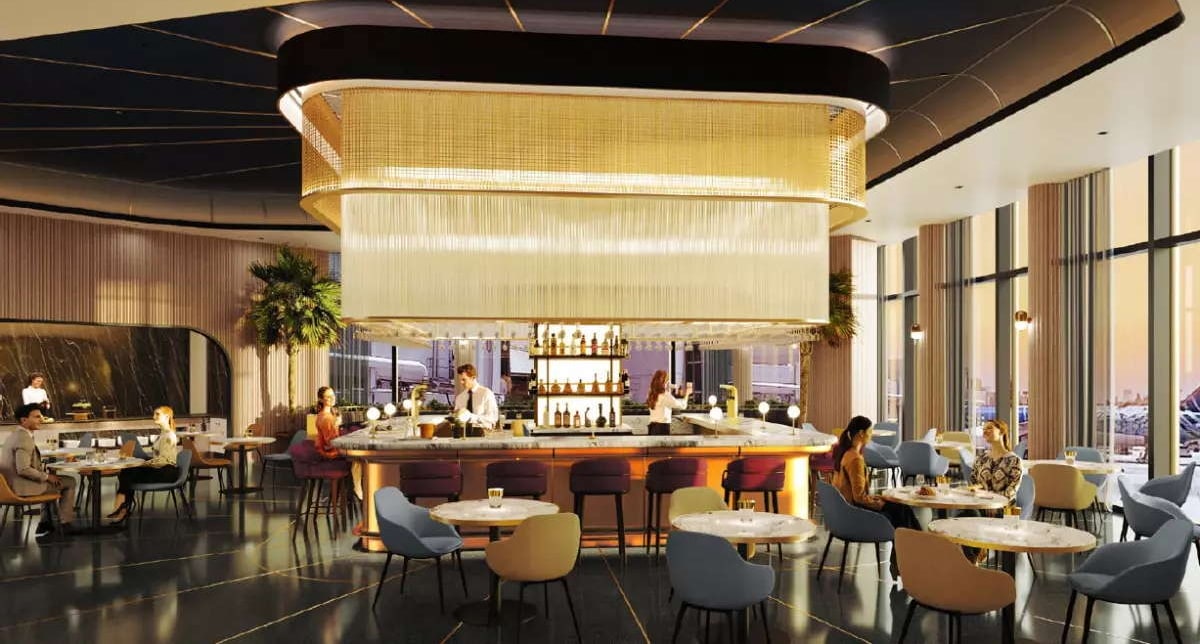 rendering of the Chase Sapphire Lounge LAX bar area.
