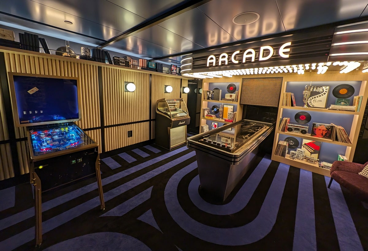 arcade with pinball, jukebox and games.