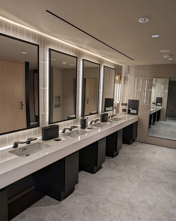 Restroom sinks, with large mirrors.