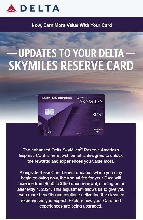 Email screenshot talking from American Express talking about changes to Skymiles cards.
