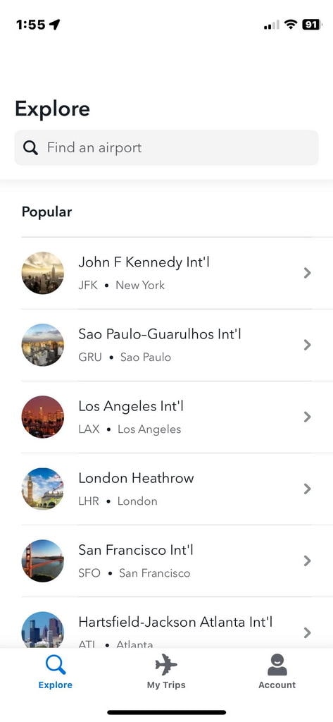 LoungeBuddy app showing a listing of lougnes.