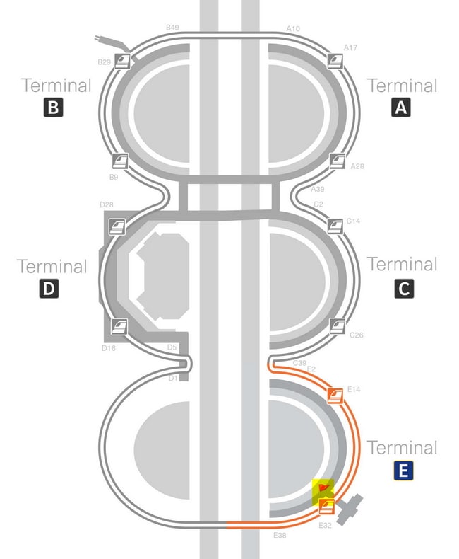 Dallas Terminal map showing position of lounge in Terminal E.