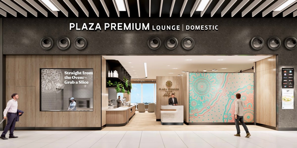 Renering of the front entrance of the Plaza Premium Domestic lounge with people entering the lounge.
