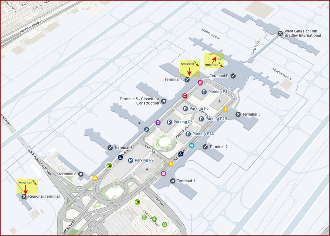 Map showing Admirals Clubs at LAX. One in TBIT, one in Terminal 4, and one in the American Regional terminal.
