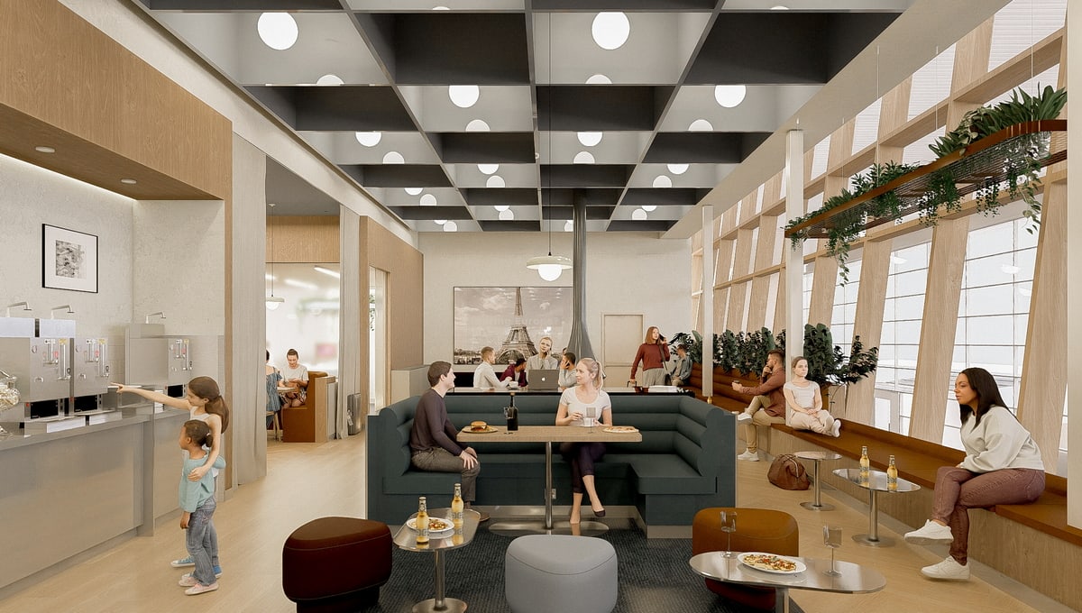 Rendering inside the new lounge with sofas, and people relaxing.