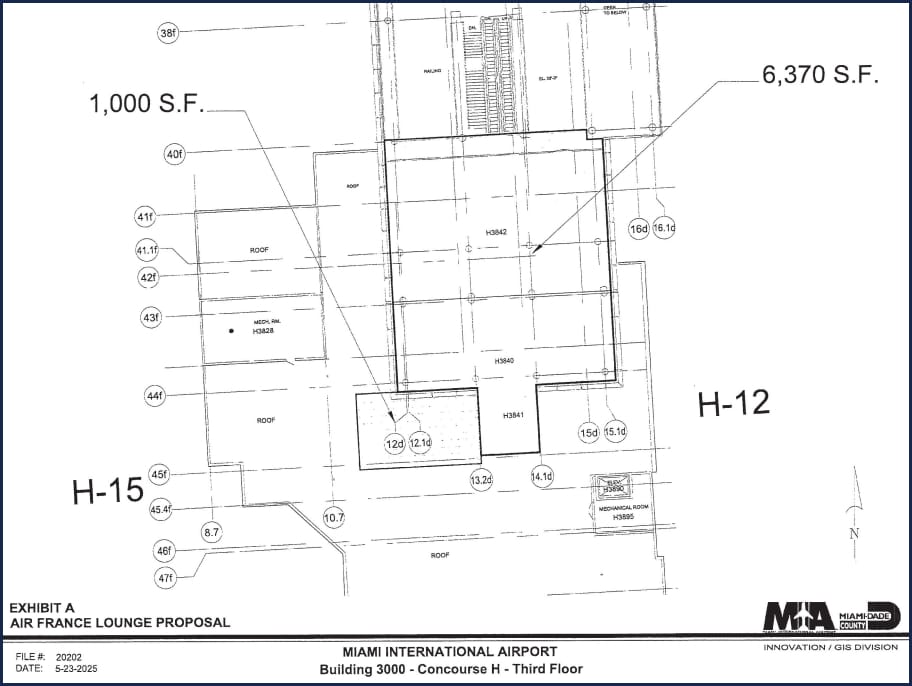 Building plans and blueprints for Air France Miami lounge.
