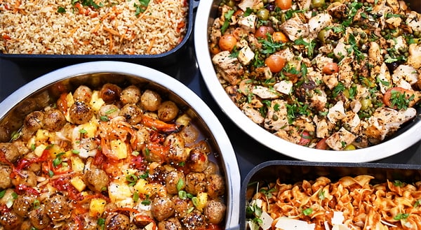 warm dishes in serving containers.