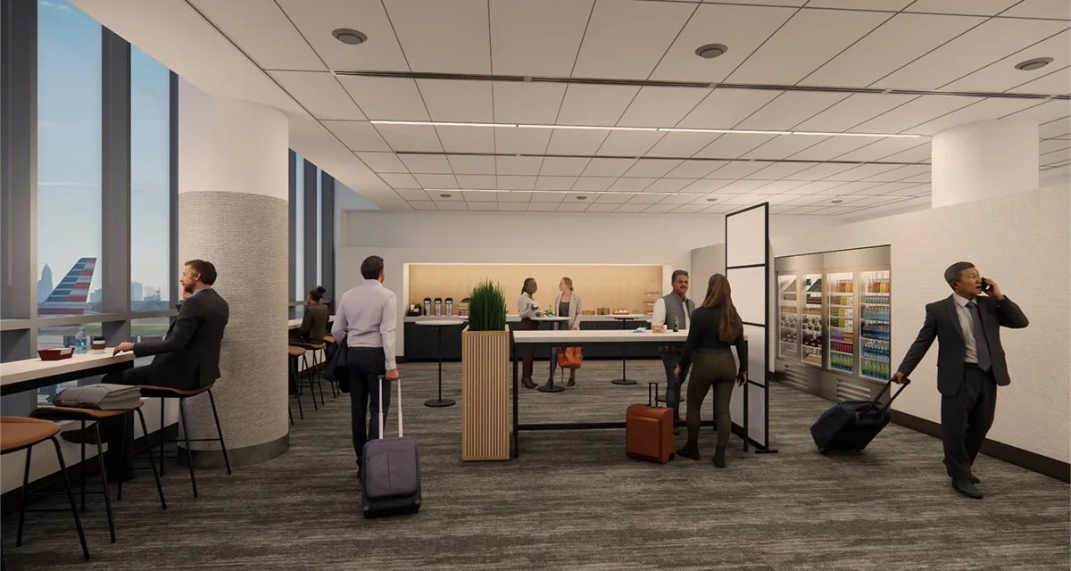 Rendering of the inside of the Provisions lounge, with seating and windows.