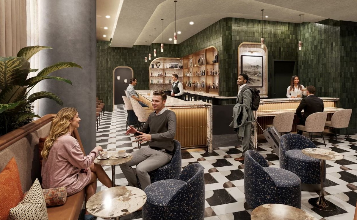 Rendering of the bar and seating area for the Sidecar lounge.
