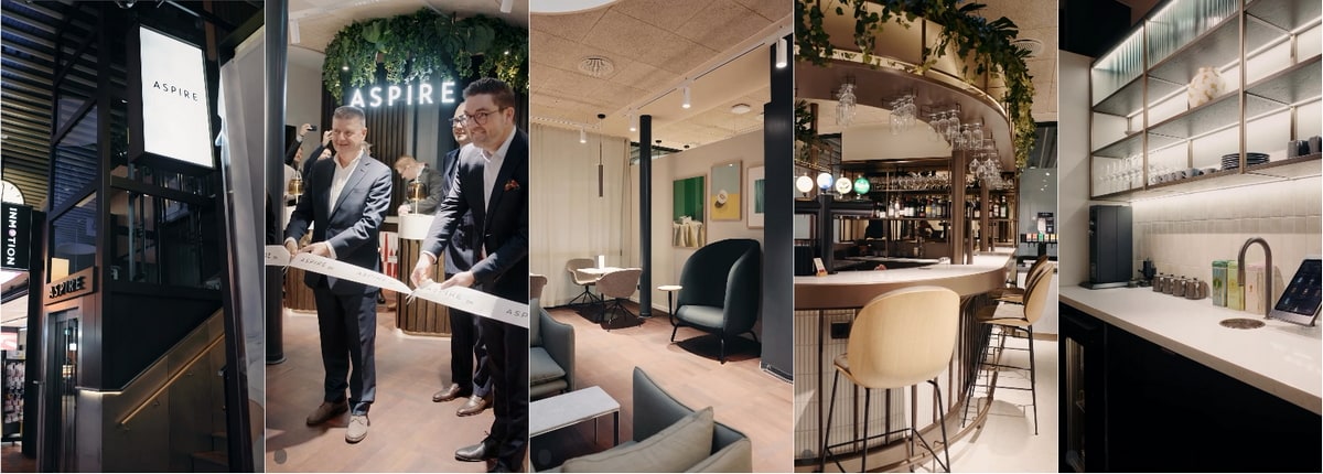 Photo collage showing photos from grand opening, including ribbon cutting and lounge decor.