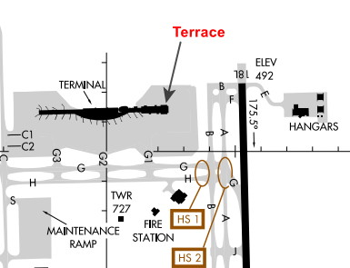 airport diagram showing the location of the terrace in relation to runway 18-left