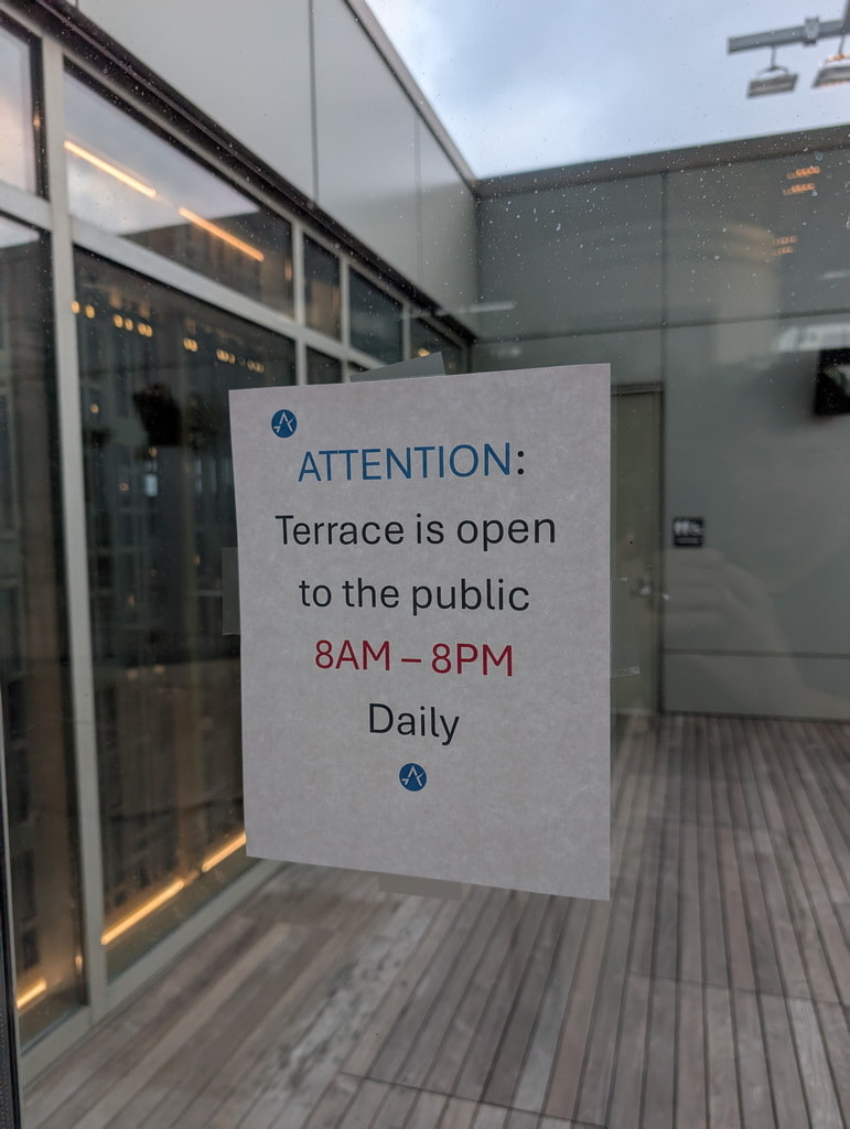 door to patio, showing hours from 8am to 8pm.