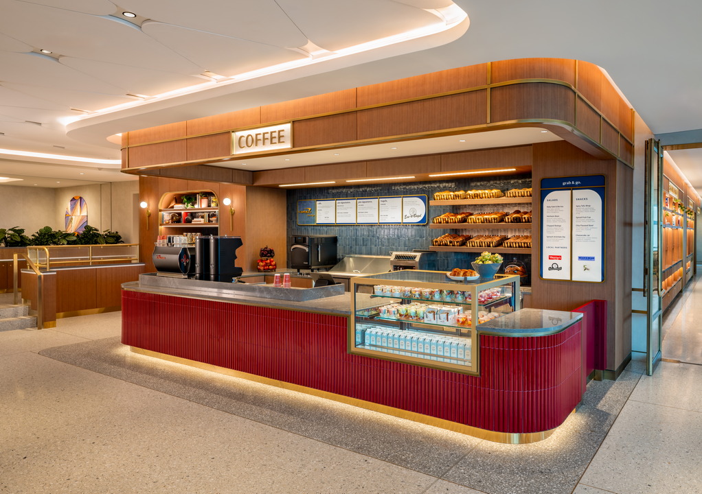 Coffee bar with seating.