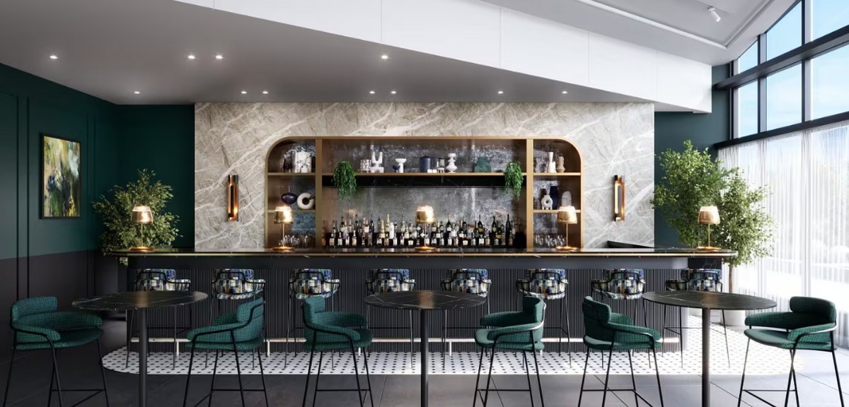Centurion Lounge Bar area rendering in Amsterdam.