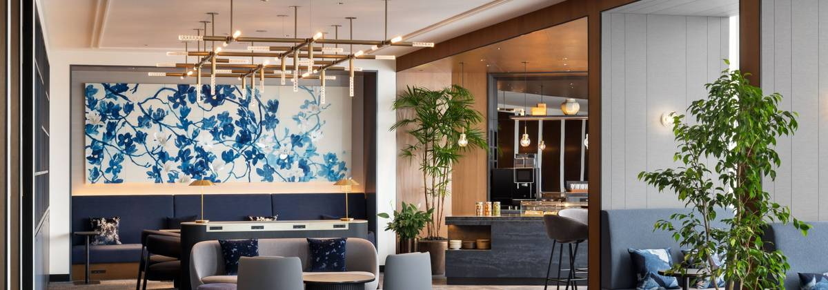 Seating area and decor with the buffet area in the background.