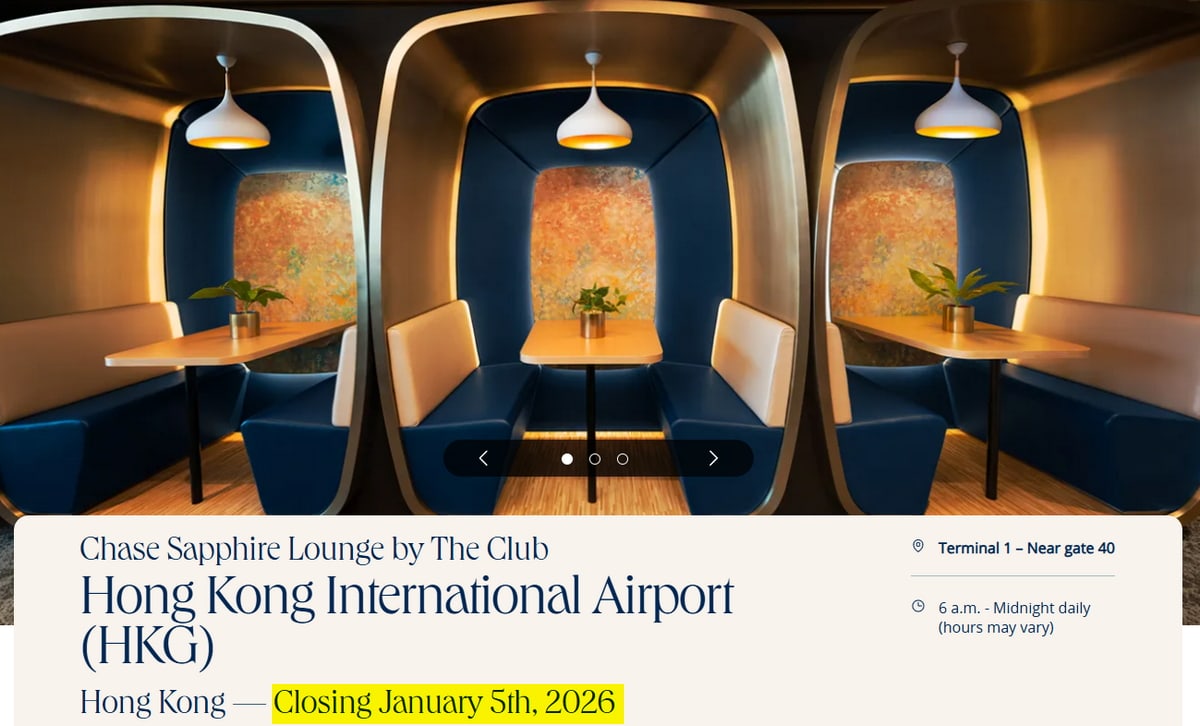 Seating and lounge information showing a message Closing on January 5th, 2026.