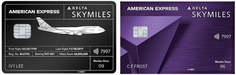 The Delta personal credit cards, one that is black and made of 747 material and the other purple.