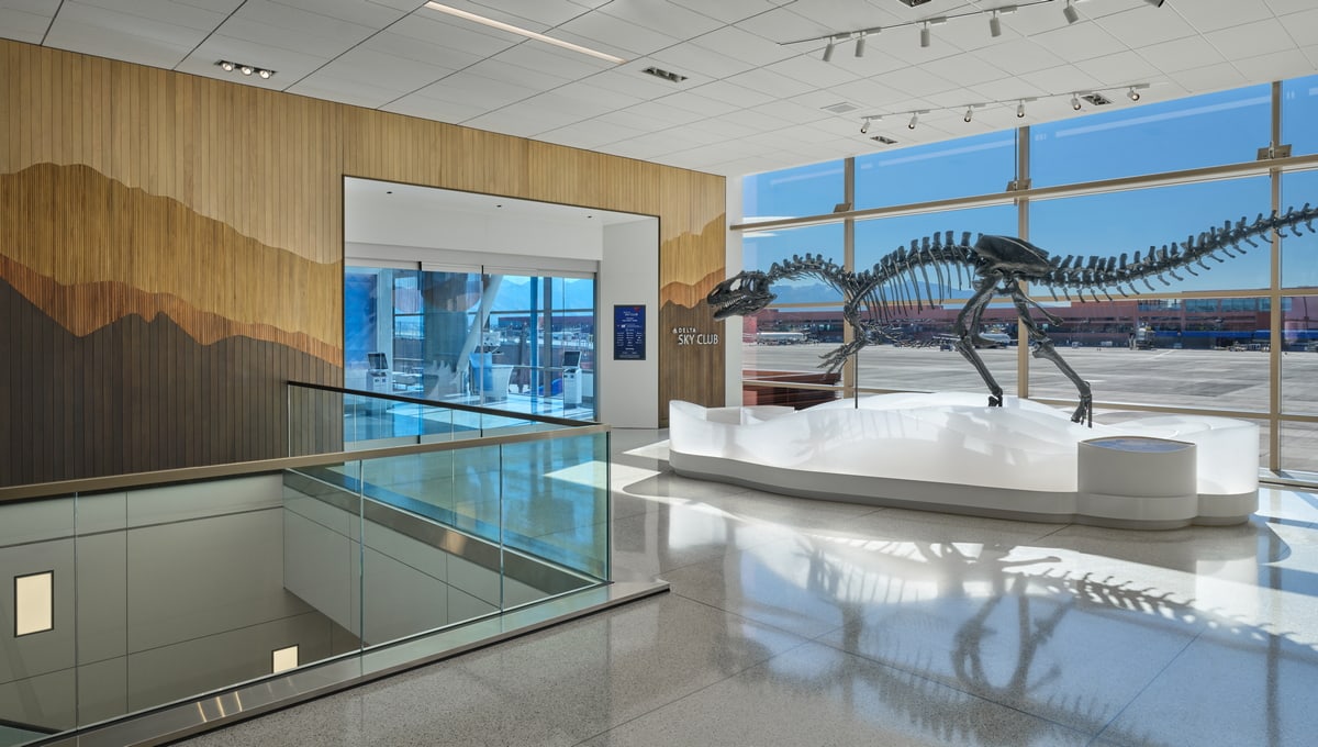 Entrance to Sky Club Lounge at SLC with dinosaur bones and windows.
